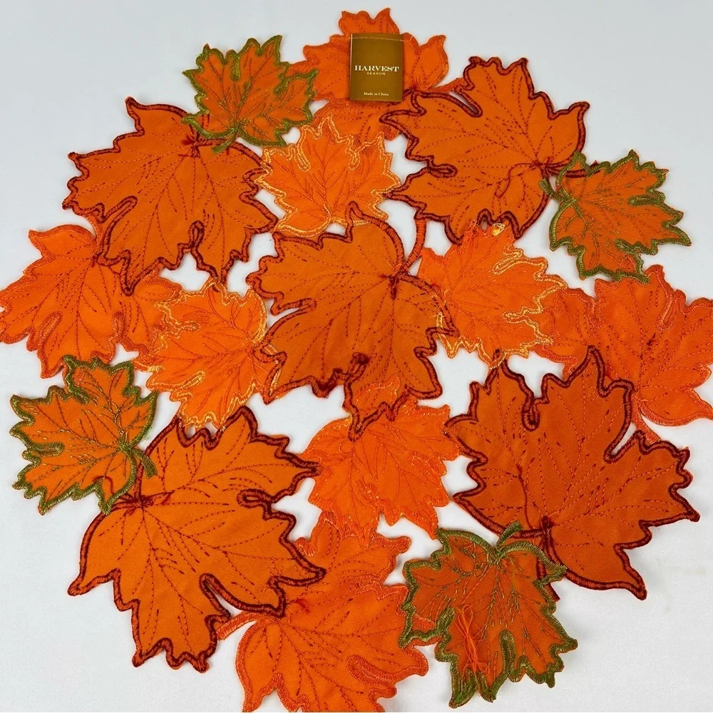 Trio of Placements/Chargers (3) Round Leaf Orange Burgundy Yellow Green Fabric